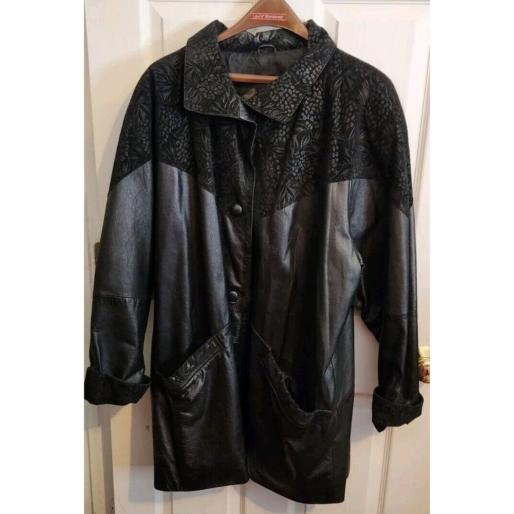 Vintage Pelle Studio Women's Black‎ Leather Suede Print Long Jacket Size 2X